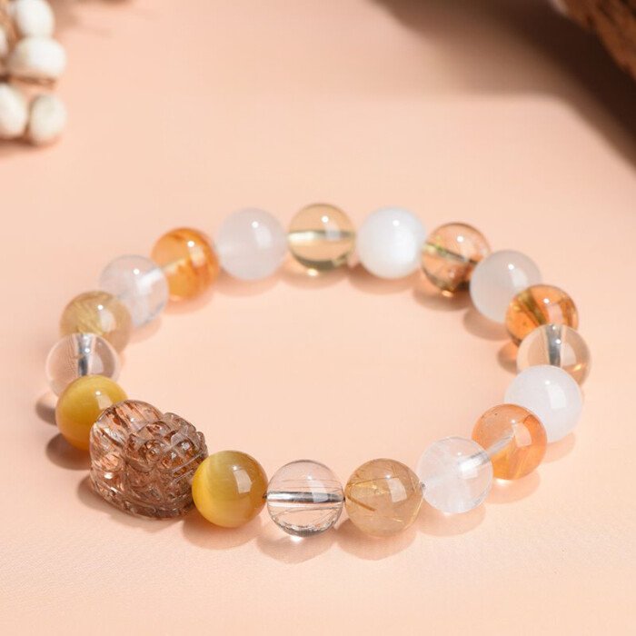 Yellow Azeztulite and Rutilated Quartz Pi Xiu Bracelet – Compensating for the Deficiency of Metal and Earth Elements in the Five – Element Theory