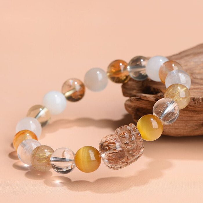 Yellow Azeztulite and Rutilated Quartz Pi Xiu Bracelet – Compensating for the Deficiency of Metal and Earth Elements in the Five – Element Theory