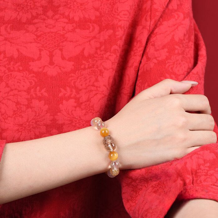 Yellow Azeztulite and Rutilated Quartz Pi Xiu Bracelet – Compensating for the Deficiency of Metal and Earth Elements in the Five – Element Theory