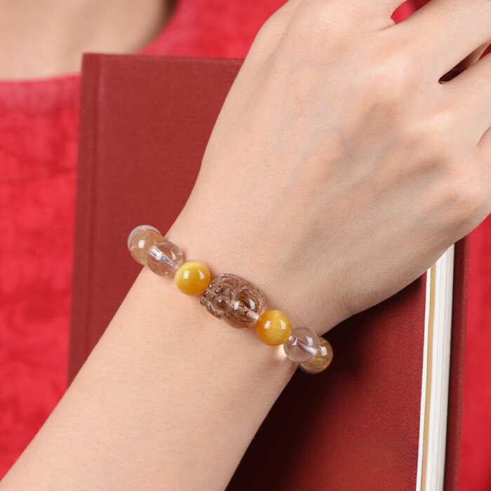 Yellow Azeztulite and Rutilated Quartz Pi Xiu Bracelet – Compensating for the Deficiency of Metal and Earth Elements in the Five – Element Theory