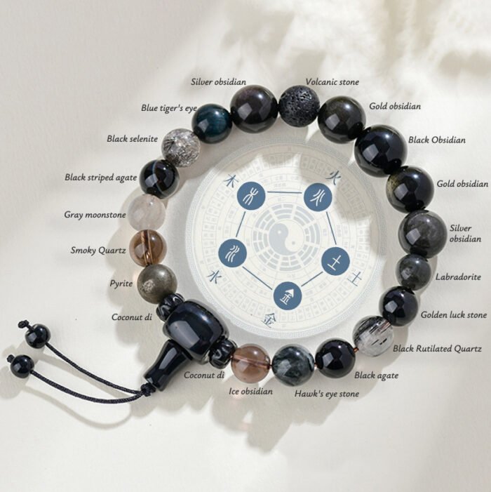 The natural obsidian crystal bracelet for supplementing the water element in the five elements theory and reversing fortune.